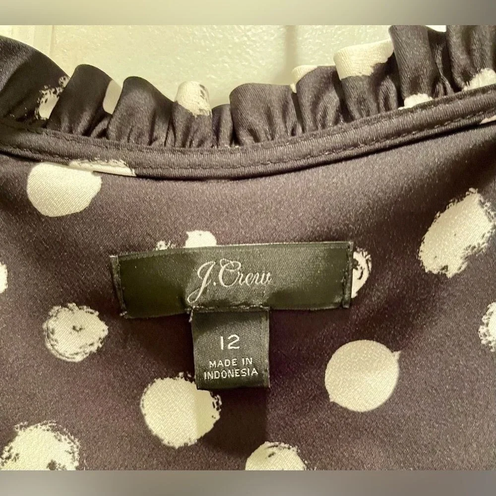 J. Crew Women's Black Peplum Blouse in Painted‎ Dot Satiny Top Size 12